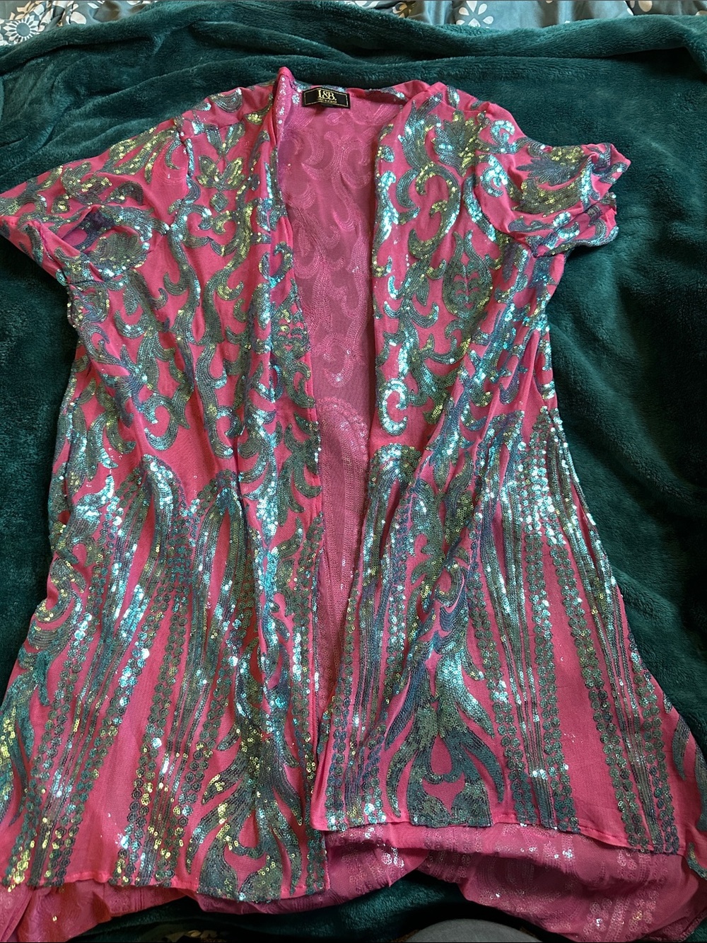 RSQ Hot Pink Sequin Open-Front Blazer with Teal Accents